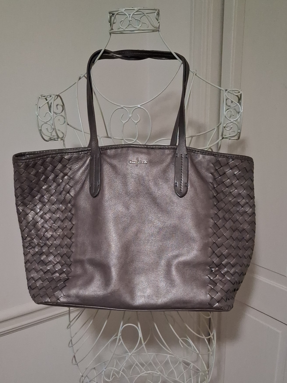 Cole Haan Metallic Pewter Woven-Panel Leather Tote